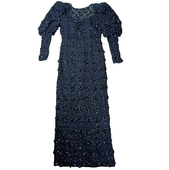 Black Tie By Oleg Cassini Beaded Puff Sleeve Formal Gown - Picture 4 of 12